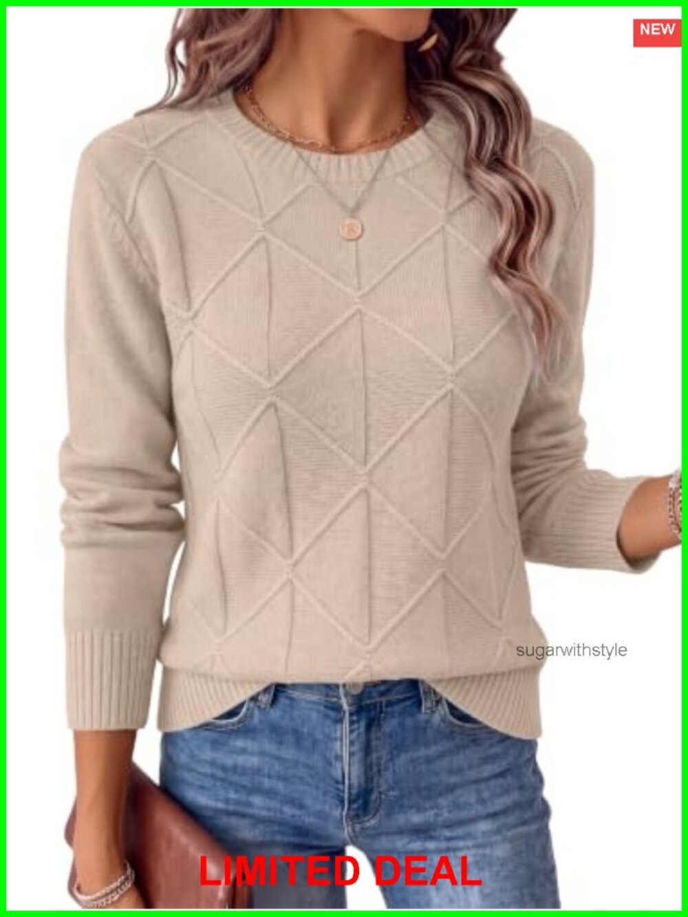 Women's Long Sleeve Argyle Crewneck Knit Pullover Sweater